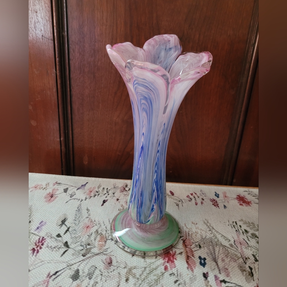 Vintage Hand Blown Murano Style Stretched Art Glass Vase Pink  Blue Green White